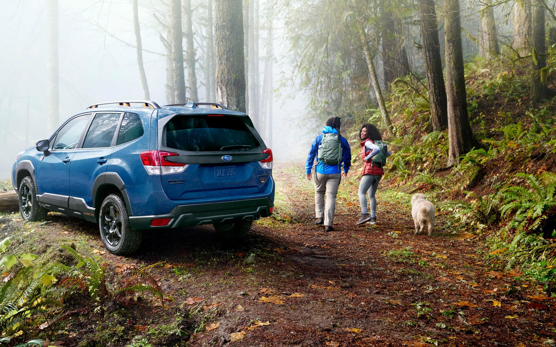 A couple with their dog hiking through the forest next to their 2022 Subaru Forester Wilderness.