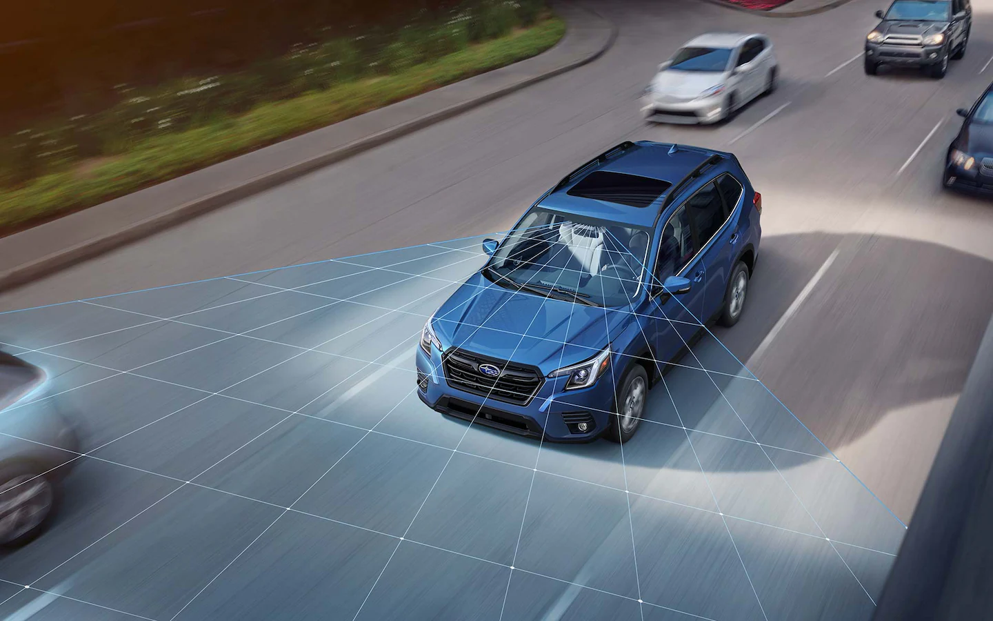 A photo illustration of a 2022 Forester showing the EyeSight sensors.